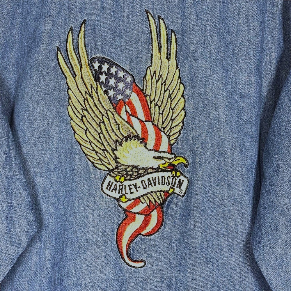 Vintage Harley Davidson American Legend Denim Shirt Mens L Eagle Snap Button USA
